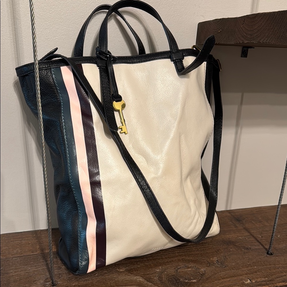 Fossil Camilla Striped Stylish White and Black Tote Bag